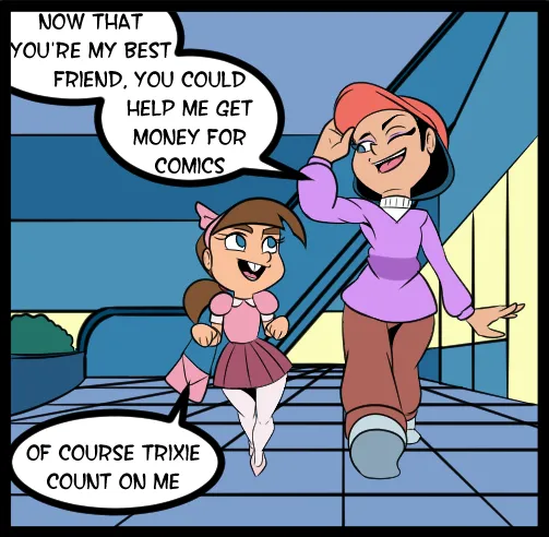 Money for Comics / Comics for Friendship / Friendship for Cherry / Cherry for Time / Time for Not going back / Going back to the begining / The begining no more / No more until beyond page 1 full
