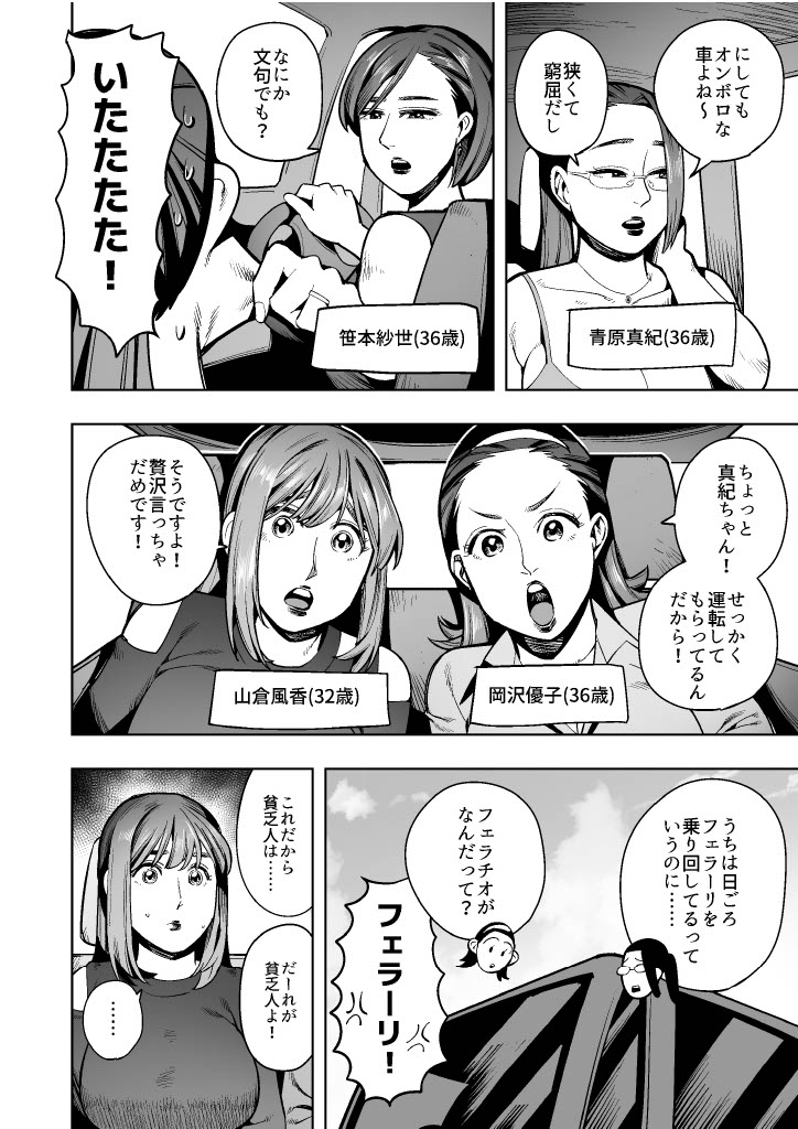 Four mom friends embark on a desperate drive in a car that won't open, experiencing accidental urination and defecation! ~A story of wives soiling their underwear and seats~ page 2 full