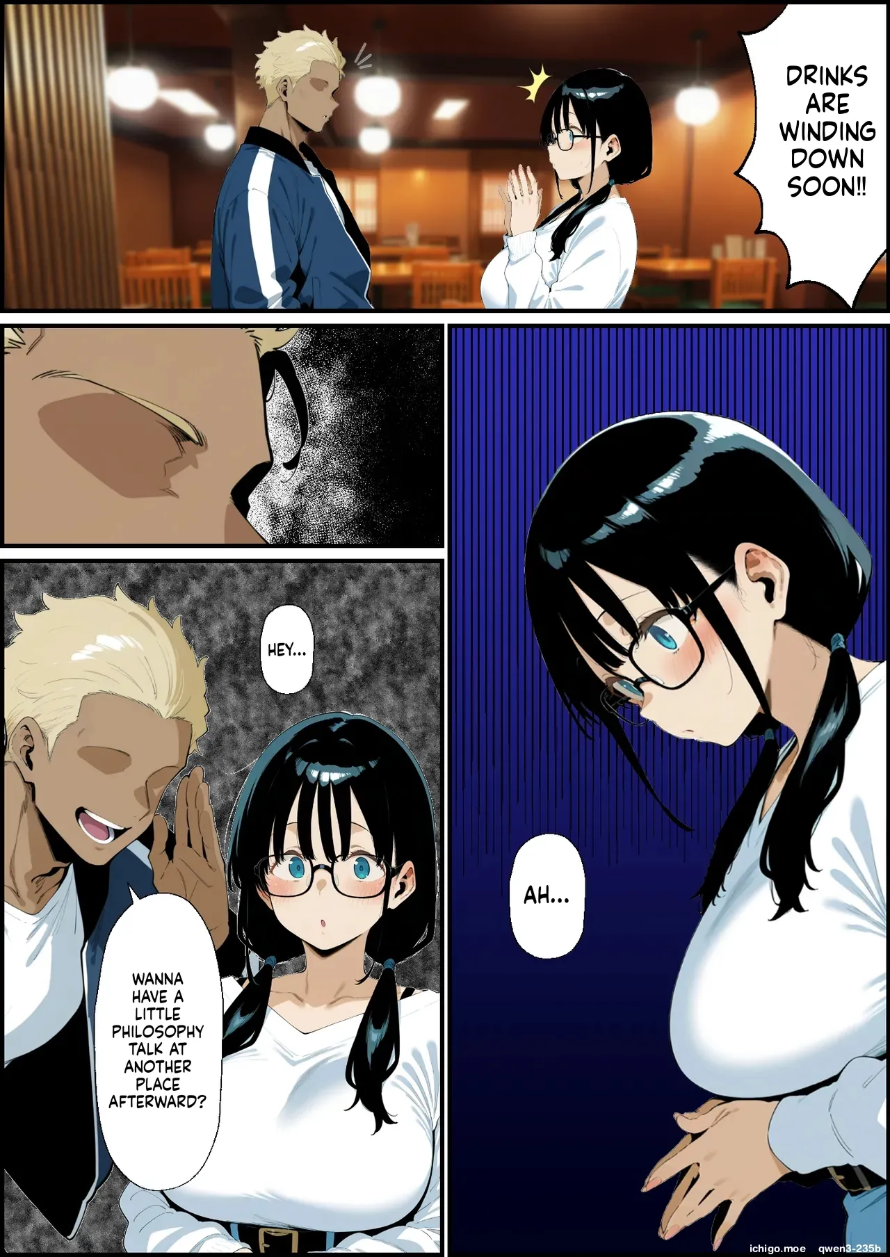 The story of a plain, bespectacled, big-breasted girlfriend who doesn't come home from a club drinking party AI Generated page 12 full