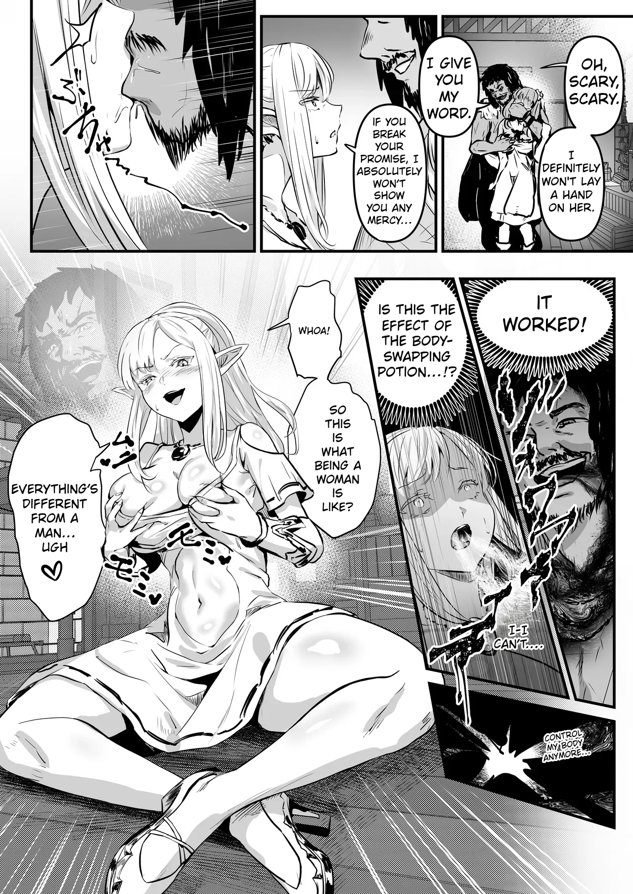A story about a pair of thieves who swap bodies with a beautiful elf and a village girl and take over their lives. page 9 full